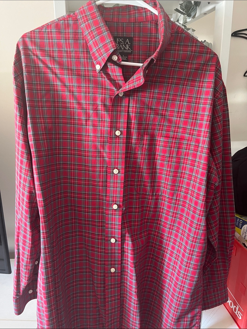 Jos. A. Bank Red and Green Plaid Button-Down Shirt